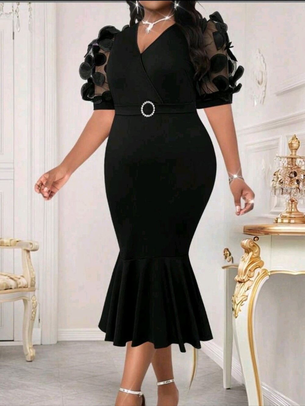 Black Puff-Sleeve Midi Mermaid Dress with Accent Buckle PLUS SIZES